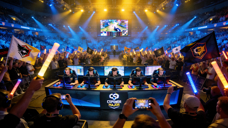CS:GO Major锦标赛决赛现场，选手专注操作，观众热情高涨