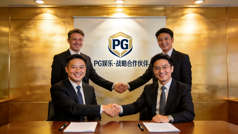 PG娱乐与合作伙伴签约仪式现场，双方代表在印有合作标志的背景板前握手合影，笑容满面