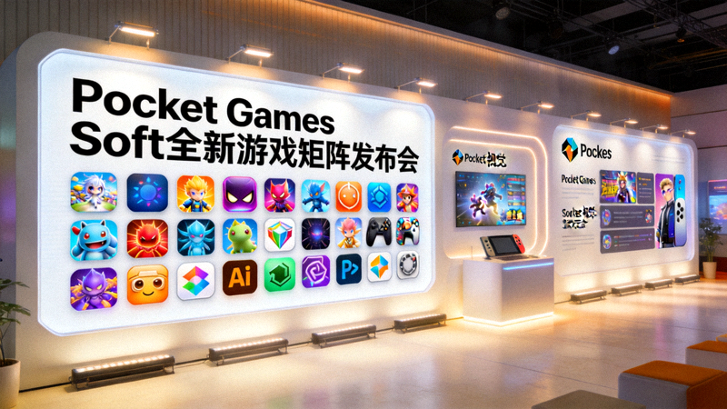 Pocket Games Soft全新游戏矩阵发布会现场，展示多款游戏图标与品牌视觉