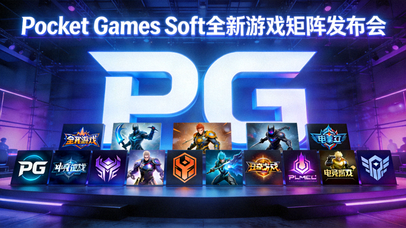 Pocket Games Soft全新游戏矩阵发布会，展示多款热门电竞游戏Logo，背景是巨大的PG品牌标识