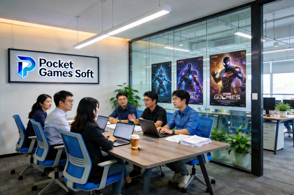 Pocket Games Soft现代化办公室内部，员工在开放式的办公环境中协作，墙上挂着公司Logo和电竞海报