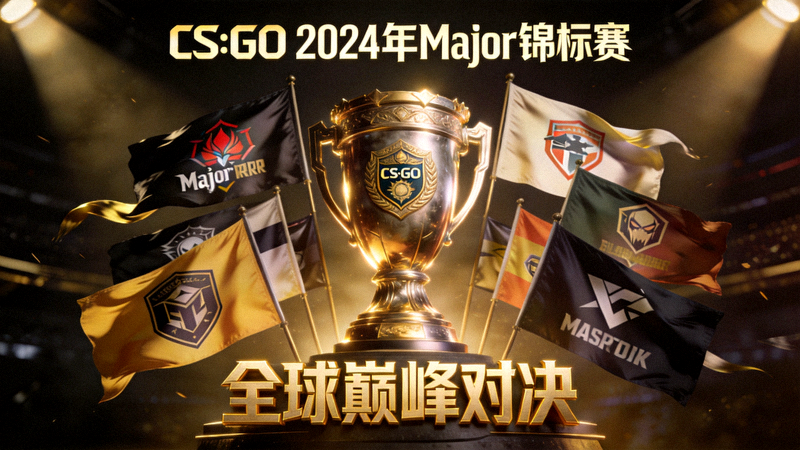 CS:GO 2024年Major锦标赛宣传海报，众多战队旗帜围绕冠军奖杯