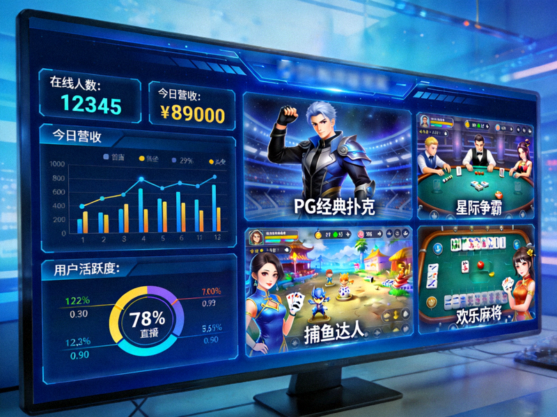 PG游戏中心后台界面展示，大屏幕上同时显示多个游戏的实时数据和直播画面