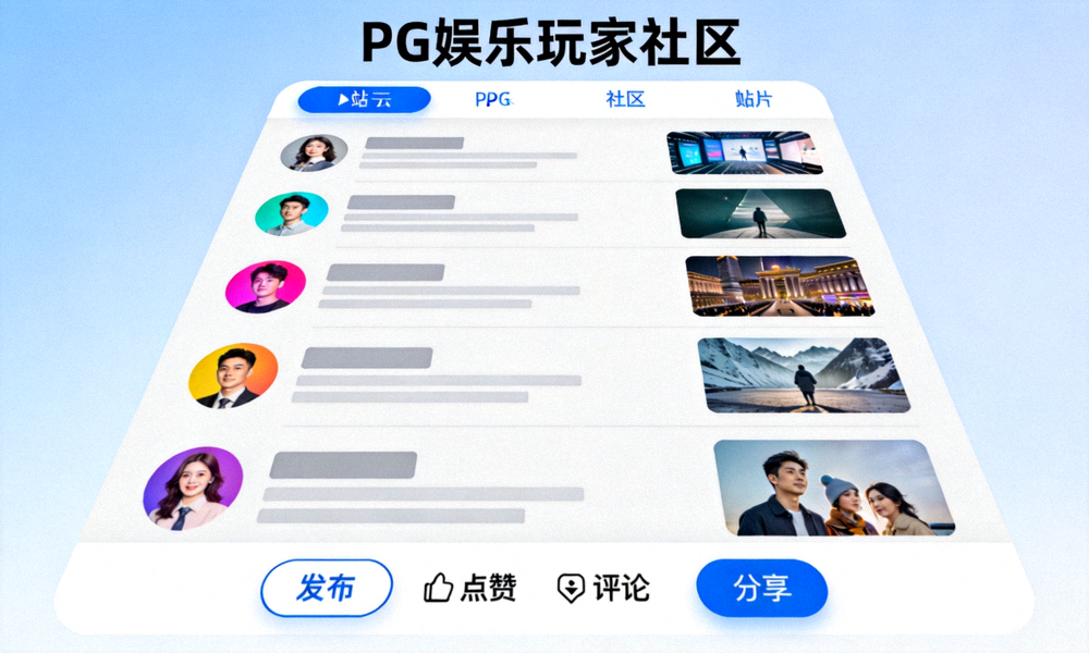 PG娱乐全新玩家社区界面模拟图，显示帖子列表、玩家头像和互动按钮