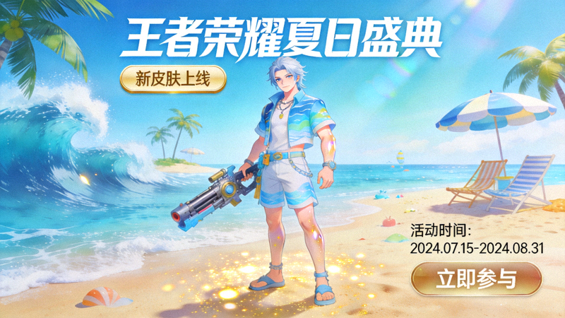 王者荣耀夏日盛典活动界面截图，展示新皮肤和海滩主题场景